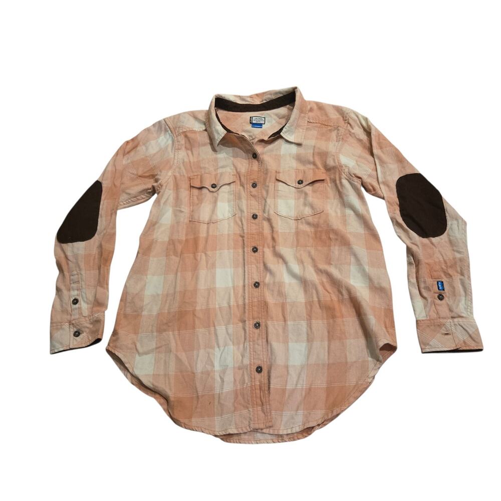KAVU Billie Jean Flannel Shirt Women's L Peach Pink Buffalo Plaid Elbow Patches